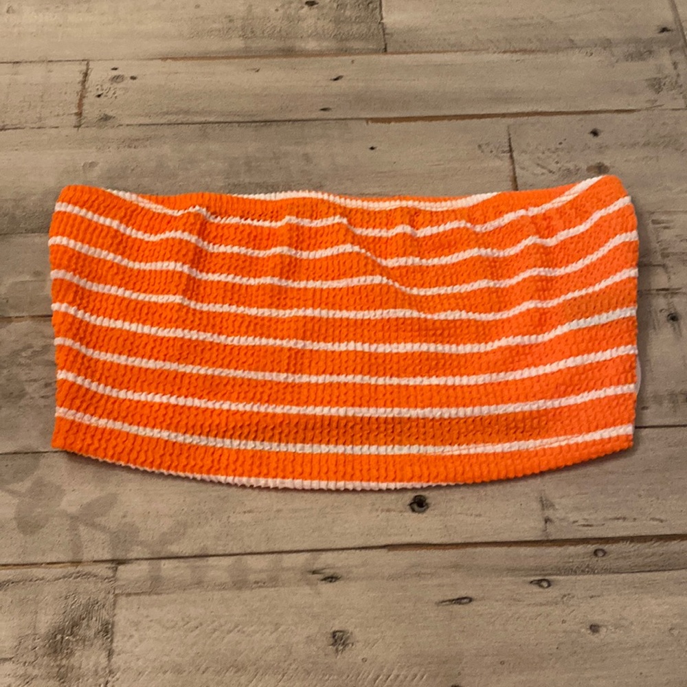 Orange and white stripe tube top.